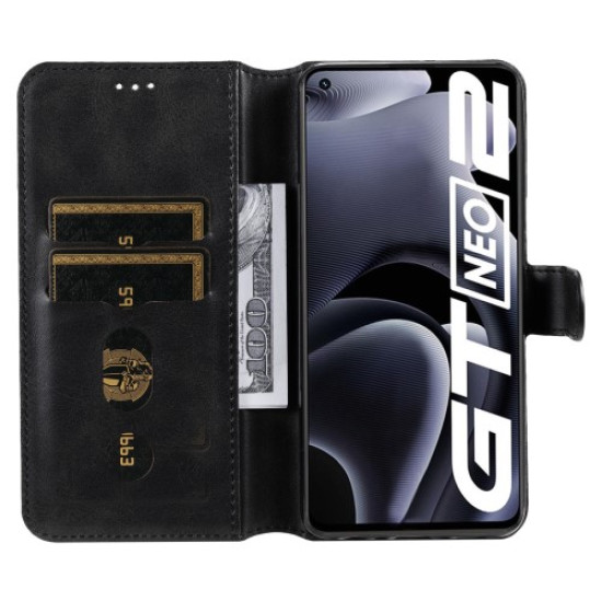 Drop-proof Wallet Stand PU Leather + TPU Full Protection Magnetic Clasp Phone Cover Case for Realme GT Neo2 - Black Oppo Realme Cases Mobile