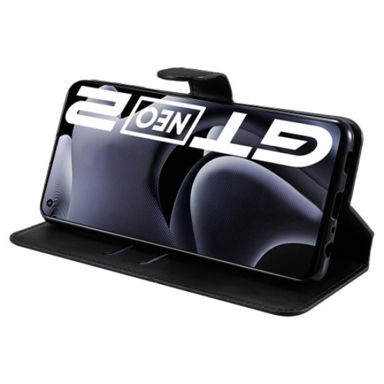 Drop-proof Wallet Stand PU Leather + TPU Full Protection Magnetic Clasp Phone Cover Case for Realme GT Neo2 - Black Oppo Realme Cases Mobile