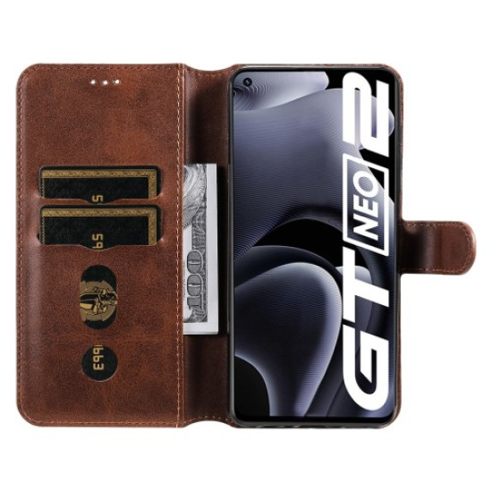 Drop-proof Wallet Stand PU Leather + TPU Full Protection Magnetic Clasp Phone Cover Case for Realme GT Neo2 - Brown Oppo Realme Cases Mobile