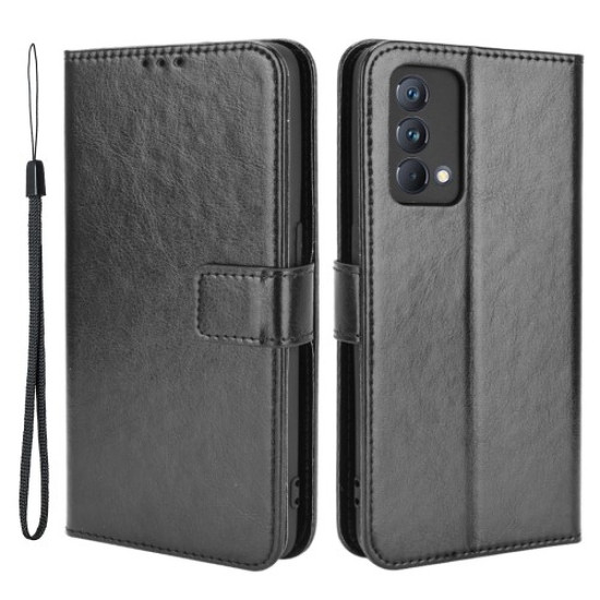 Crazy Horse Texture Wallet Stand PU Leather Case Shell with Strap for Realme GT Master - Black Oppo Realme Cases Mobile