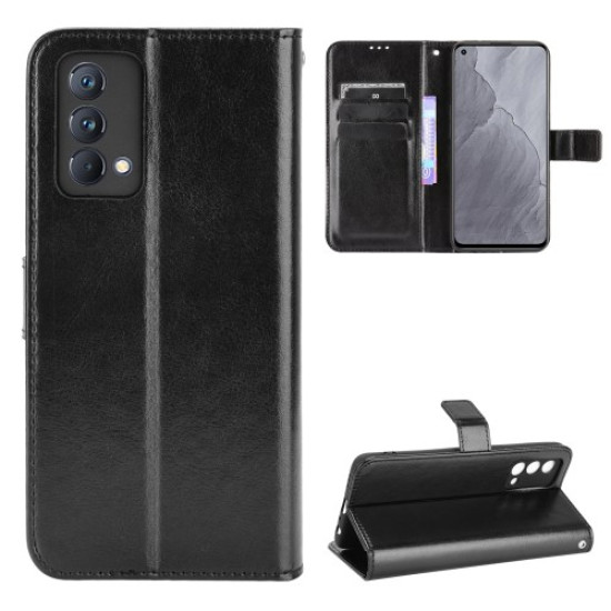 Crazy Horse Texture Wallet Stand PU Leather Case Shell with Strap for Realme GT Master - Black Oppo Realme Cases Mobile
