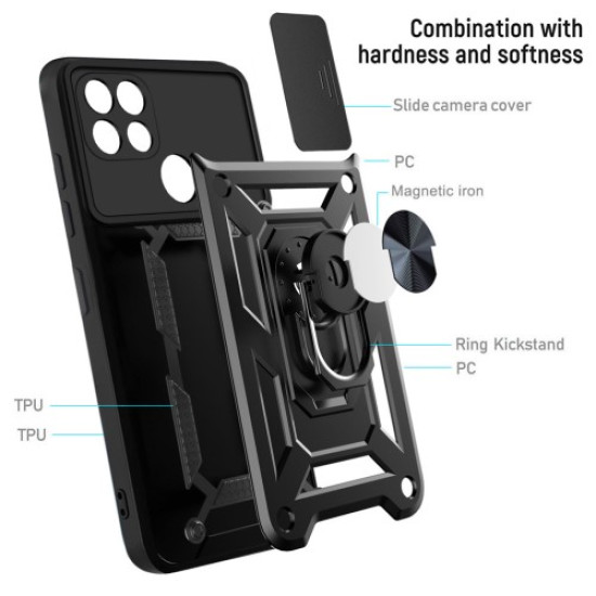 Camera Slide Cover Shockproof Anti-fall Ring Holder Kickstand PC + TPU Phone Cover Case for Realme C21 - Black Oppo Realme Cases Mobile