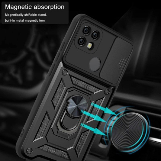 Camera Slide Cover Shockproof Anti-fall Ring Holder Kickstand PC + TPU Phone Cover Case for Realme C21 - Black Oppo Realme Cases Mobile