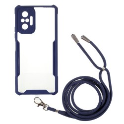 Σκληρή Θήκη Διάφανη με Χρωματιστή TPU Περιμετρικά και Κορδόνι Λαιμού για Xiaomi Redmi Note 10 Pro - Σκούρο Μπλε
