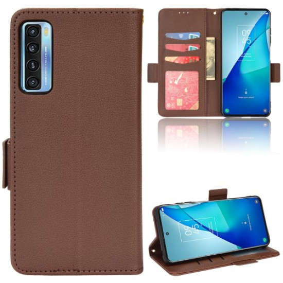 Litchi Texture PU Leather Stand Case Flip Double Magnetic Closure Wallet Cover for TCL 20S / 20 5G / 20L / 20L+ - Brown TCL Mobile Cases