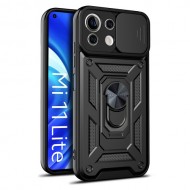 Shockproof Camera Slide Phone Case Cover with Kickstand Ring Holder for Xiaomi Mi 11 Lite 4G/5G - Black