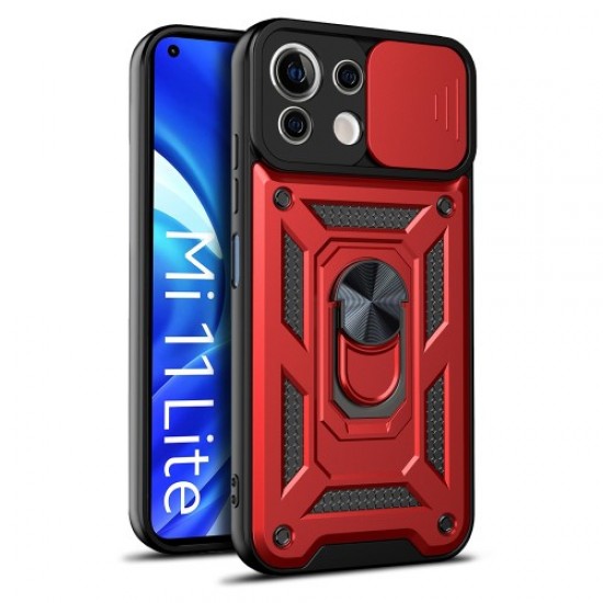 Shockproof Camera Slide Phone Case Cover with Kickstand Ring Holder for Xiaomi Mi 11 Lite 4G/5G - Red XIAOMI Cases Mobile