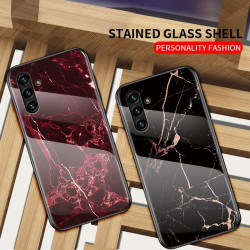 Marble Pattern Stylish Slim Light Anti-scratch Soft TPU Frame PC and Tempered Glass Back Case for Samsung Galaxy A13 5G - Blood 