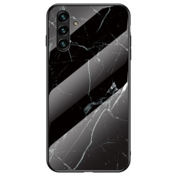 Marble Pattern Stylish Slim Light Anti-scratch Soft TPU Frame PC and Tempered Glass Back Case for Samsung Galaxy A13 5G - Black 