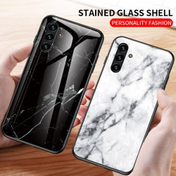 Marble Pattern Stylish Slim Light Anti-scratch Soft TPU Frame PC and Tempered Glass Back Case for Samsung Galaxy A13 5G - Black 