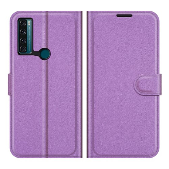 Litchi Texture PU Leather Case Flip Stand Shockproof Phone Cover with Wallet for TCL 20 SE - Purple TCL Mobile Cases