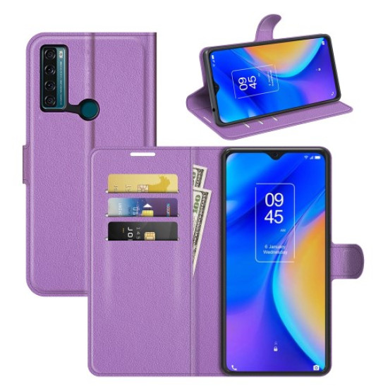 Litchi Texture PU Leather Case Flip Stand Shockproof Phone Cover with Wallet for TCL 20 SE - Purple TCL Mobile Cases