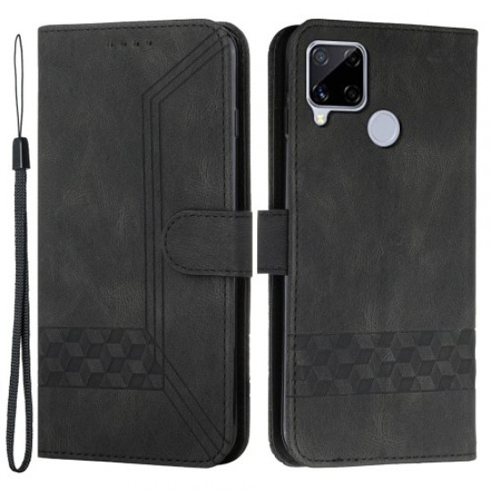 YX0010 Anti-collision Rhombus Lines Imprinting Skin-touch Feel Leather Flip Cover + Soft Inner Shell Stand Wallet Case for Realme C12/C15/C25/C25s/7i (Global)/Narzo 20/Narzo 30A - Black Oppo Realme Cases Mobile