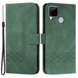 YX0010 Anti-collision Rhombus Lines Imprinting Skin-touch Feel Leather Flip Cover + Soft Inner Shell Stand Wallet Case for Realme C12/C15/C25/C25s/7i (Global)/Narzo 20/Narzo 30A - Green