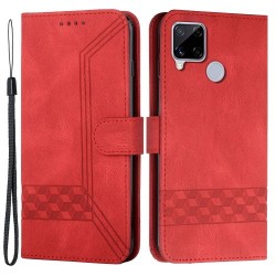 YX0010 Θήκη Πορτοφόλι με Βάση Στήριξης Σχέδιο Ρόμβοι για OPPO Realme C12 / C25 / 7i (Global Version) / Narzo 20 / 30A - Κόκκινο
