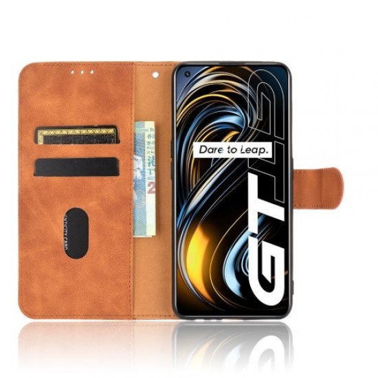 Silky Touch Leather Wallet Case Phone Shell for Realme GT - Brown Oppo Realme Cases Mobile