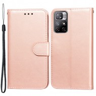 Magnetic Design Anti-fall Solid Color PU Leather Wallet Stand Flip Cover Phone Case with Wrist Strap for Xiaomi Poco M4 Pro 5G / Redmi Note 11 5G - Rose Gold