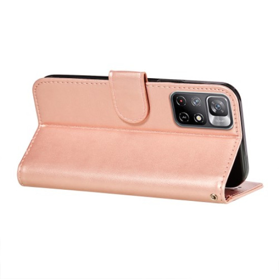 Magnetic Design Anti-fall Solid Color PU Leather Wallet Stand Flip Cover Phone Case with Wrist Strap for Xiaomi Poco M4 Pro 5G / Redmi Note 11 5G - Rose Gold XIAOMI Cases Mobile