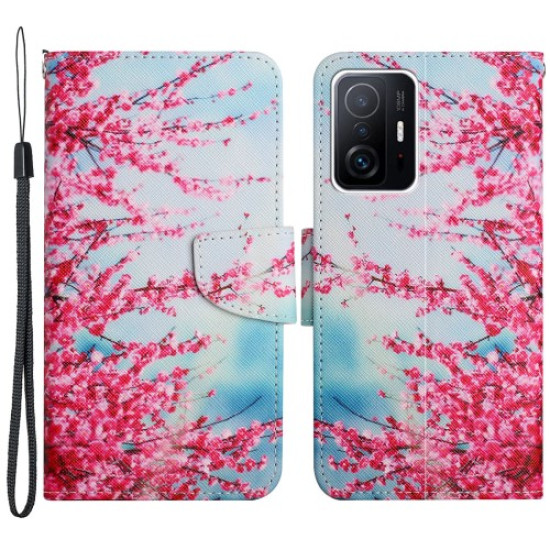 Pattern Printing Leather Protection Phone Case Wallet Stand Cover with Lanyard for Xiaomi 11T / 11T Pro - Red Cherry Blossoms XIAOMI Cases Mobile