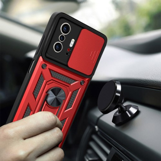 Camera Slide Cover Ring Holder Kickstand PC + TPU Phone Shell Case for Xiaomi 11T/11T Pro - Red XIAOMI Cases Mobile