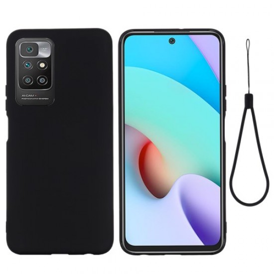 Liquid Silicone + Soft Microfiber Lining Slim Back Cover with Strap for Xiaomi Redmi 10 / Redmi 10 Prime/Note 11 4G - Black XIAOMI Cases Mobile