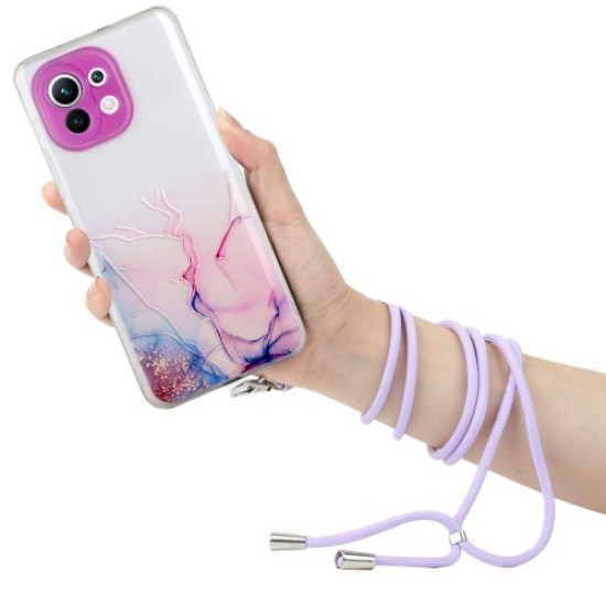 Θήκη Σιλικόνης TPU με Κορδόνι Λαιμού για Xiaomi Mi 11 Lite 4G / 5G - Ροζ Μάρμαρο XIAOMI Θήκες Κινητών