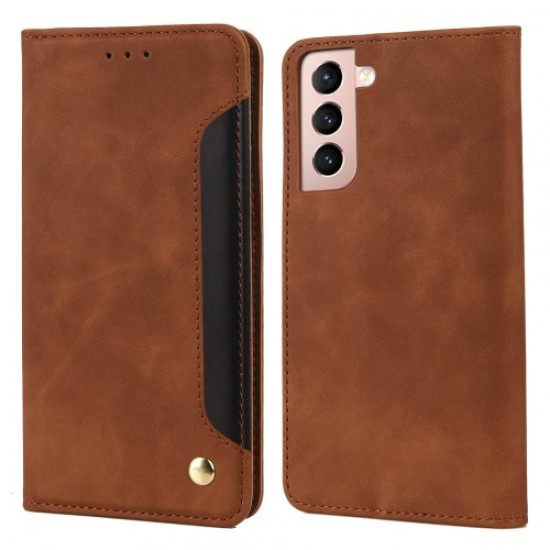 Shockproof Business Phone Case Splicing Leather Phone Stand Cover for Samsung Galaxy S21 5G -Brown Samsung Cases Mobile