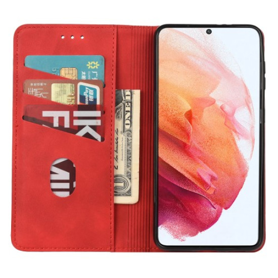 Shockproof Business Phone Case Splicing Leather Phone Stand Cover for Samsung Galaxy S21 5G -Red Samsung Cases Mobile