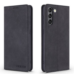 TAOKKIM Leather Phone Case Vintage Style Auto-absorbed Cover for Samsung Galaxy S21+ 5G - Black