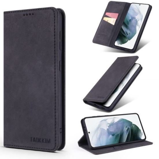 TAOKKIM Leather Phone Case Vintage Style Auto-absorbed Cover for Samsung Galaxy S21+ 5G - Black Samsung Cases Mobile