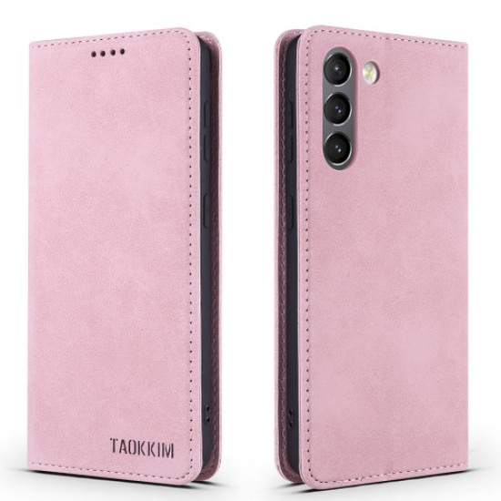 TAOKKIM Leather Phone Case Vintage Style Auto-absorbed Cover for Samsung Galaxy S21+ 5G - Pink Samsung Cases Mobile