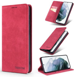 TAOKKIM Leather Phone Case Vintage Style Auto-absorbed Cover for Samsung Galaxy S21+ 5G - Red