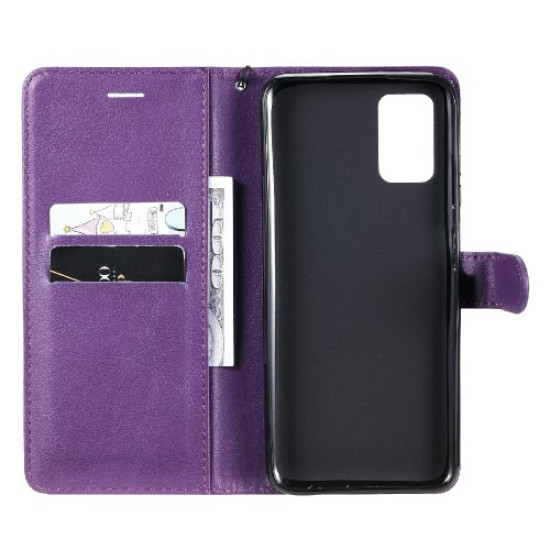 Solid Color PU Leather Phone Case Wallet Stand Cover with Strap for Samsung Galaxy A03s (166.5 x 75.98 x 9.14mm) - Purple Samsung Cases Mobile