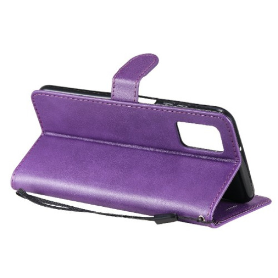 Solid Color PU Leather Phone Case Wallet Stand Cover with Strap for Samsung Galaxy A03s (166.5 x 75.98 x 9.14mm) - Purple Samsung Cases Mobile