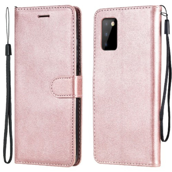 Solid Color PU Leather Phone Case Wallet Stand Cover with Strap for Samsung Galaxy A03s (166.5 x 75.98 x 9.14mm) - Rose Gold Samsung Cases Mobile