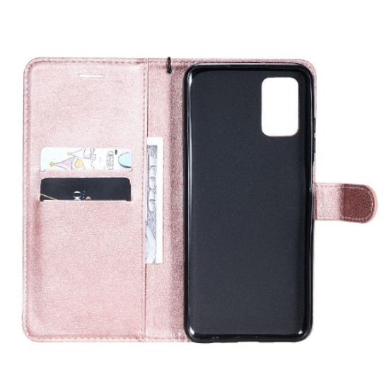 Solid Color PU Leather Phone Case Wallet Stand Cover with Strap for Samsung Galaxy A03s (166.5 x 75.98 x 9.14mm) - Rose Gold Samsung Cases Mobile
