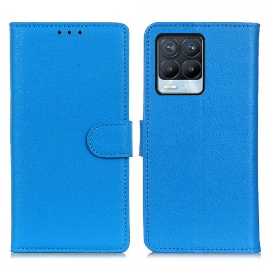 PU Leather Litchi Texture Wallet Stand Design Phone Protective Shell Case for Realme 8 / 8 Pro - Blue Oppo Realme Cases Mobile