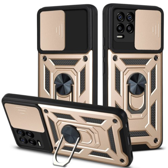 Kickstand PC + TPU Shockproof Impact-Resistant Cover with Slide Lens Protection for Realme 8 / 8 Pro - Gold Oppo Realme Cases Mobile