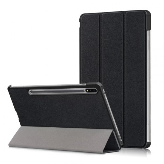 Tri-fold Stand Design Plain PU Leather Tablet Case Shell Protector for Samsung Galaxy Tab S7 FE T736 - Black Samsung Cases Mobile Tablet
