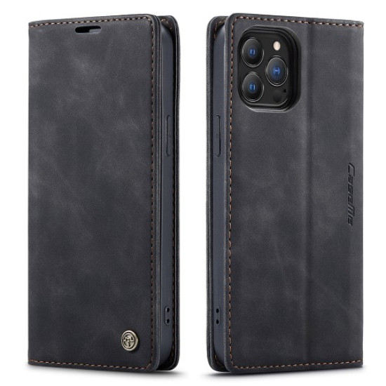 CASEME 013 Series Shockproof PU Leather Wallet Shell Case with Stand for iPhone 13 Pro 6.1 inch - Black Apple Cases Mobile