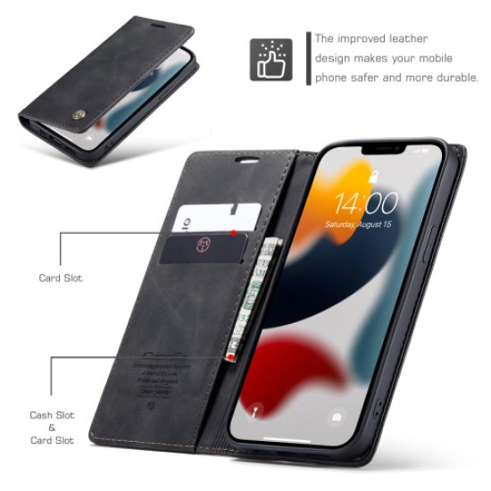 CASEME 013 Series Shockproof PU Leather Wallet Shell Case with Stand for iPhone 13 Pro 6.1 inch - Black Apple Cases Mobile