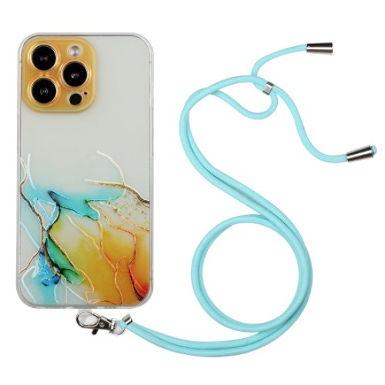 Θήκη Σιλικόνης TPU με Κορδόνι Λαιμού για iPhone 13 Pro 6.1 inch - Κίτρινο και Γαλαζοπράσινο Μάρμαρο Apple Θήκες Κινητών