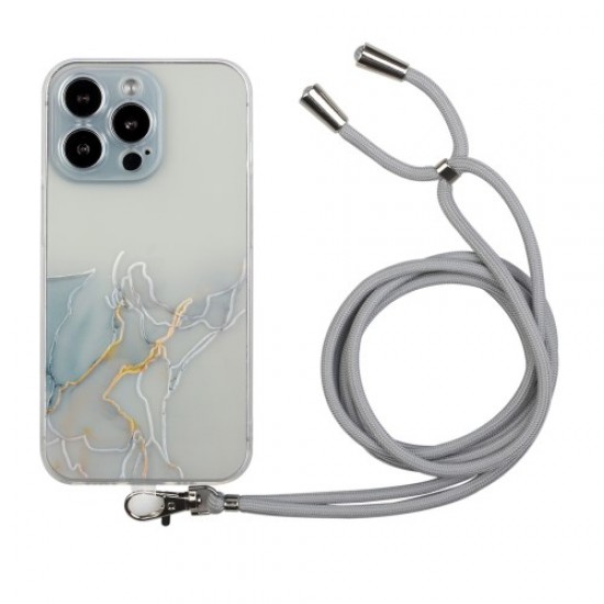 Embossing Marble Pattern Printing Design Freely Twisted Flexible TPU Case with Adjustable Long Lanyard for iPhone 13 Pro 6.1 inch - Grey Apple Cases Mobile