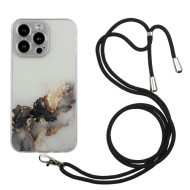 Embossing Marble Pattern Printing Design Freely Twisted Flexible TPU Case with Adjustable Long Lanyard for iPhone 13 Pro 6.1 inch - Black