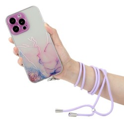 Embossing Marble Pattern Printing Design Freely Twisted Flexible TPU Case with Adjustable Long Lanyard for iPhone 13 Pro 6.1 inch - Pink