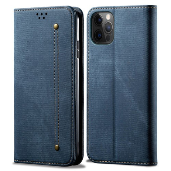 Full Protection Jeans Cloth Texture Leather Wallet Stand Design Case for iPhone 13 Pro Max 6.7 inch - Blue Apple Cases Mobile