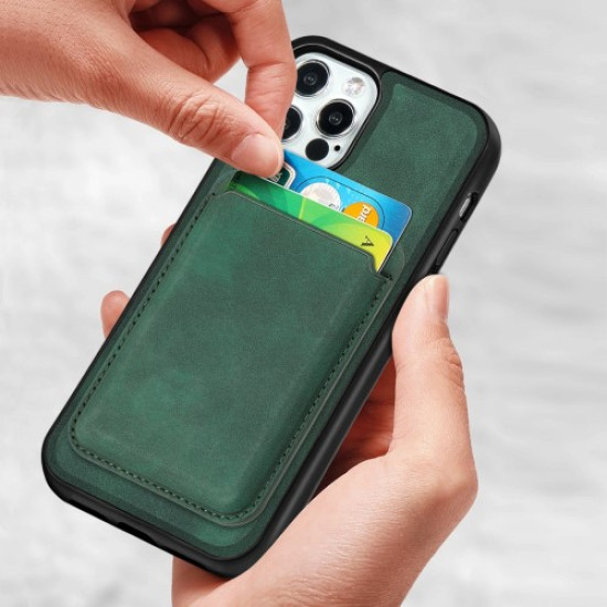 Vintage Texture Plastic+PU Leather+TPU Auto Suction Phone Case Shell for iPhone 12 Pro Max - Green Apple Cases Mobile