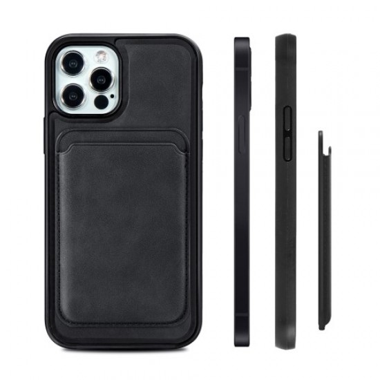 Vintage Texture Plastic+PU Leather+TPU Auto Suction Phone Case Shell for iPhone 12 Pro Max - Black Apple Cases Mobile