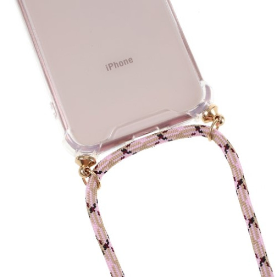 For iPhone 8/7/iPhone SE 2 (2020) TPU+Acrylic+Textile Strap Anti-fall Shell - Pink/Stripe Apple Cases Mobile