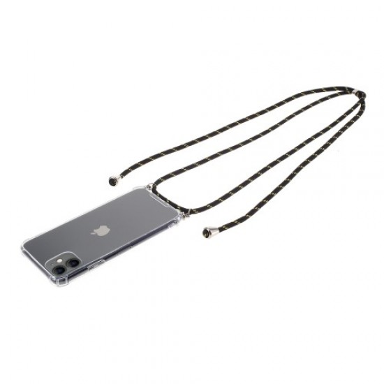 Θήκη Σιλικόνης TPU Διάφανη με Πλαστικό και Κορδόνι Ώμου για iPhone 11 - Μαύρο (το λουράκι) Apple Θήκες Κινητών